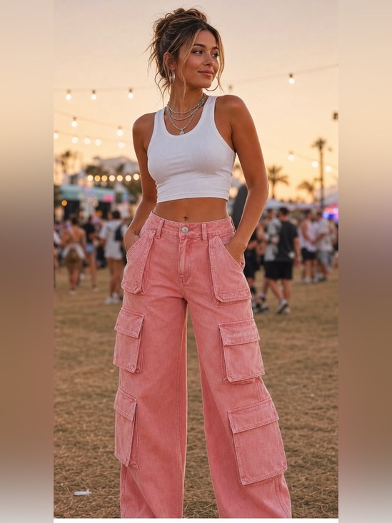 Maniere De Voir Pants - Manière De Voir Coral Pink Cargo Wide-Leg Pants Y2K Festival UK 8 US 4